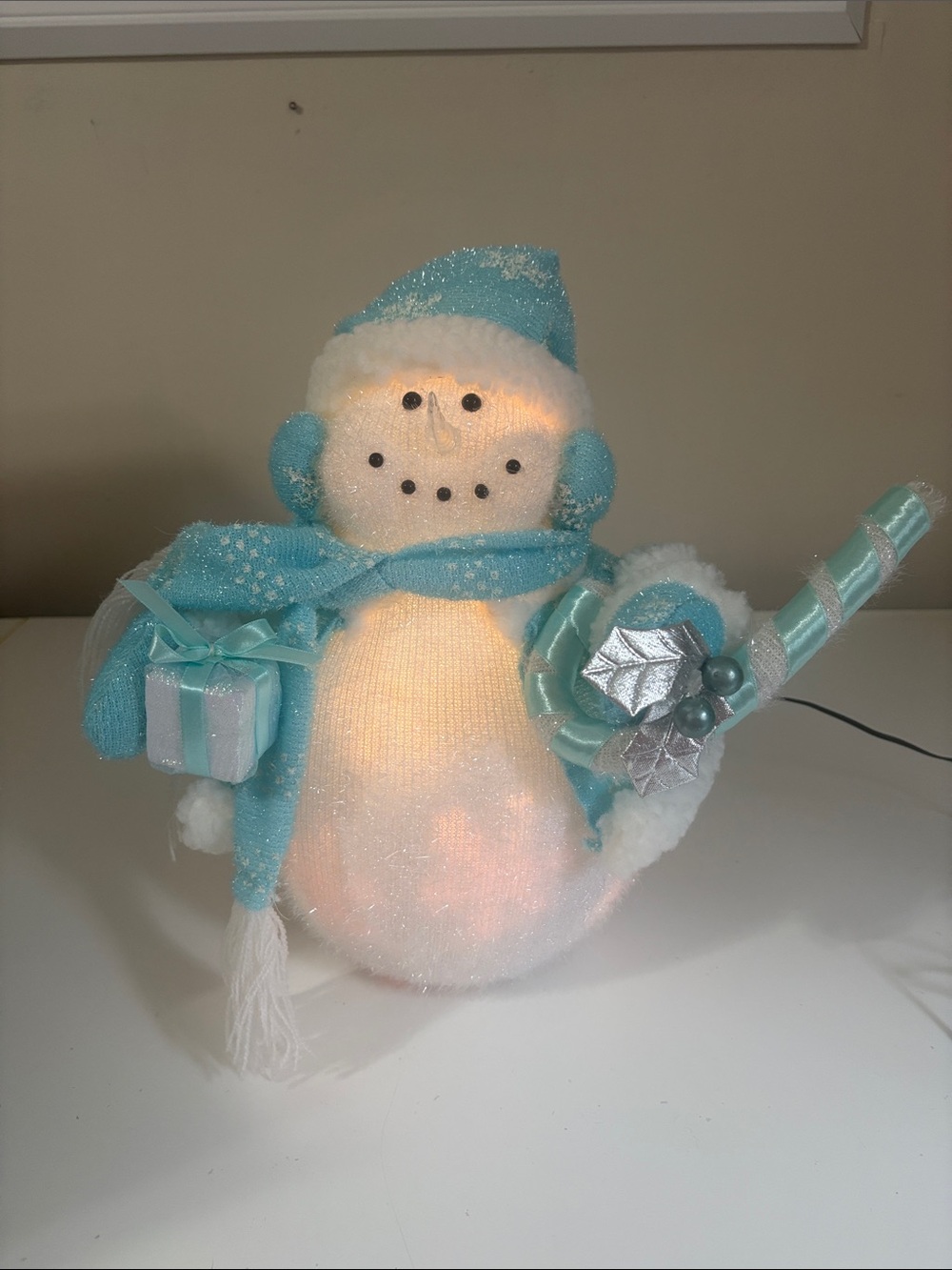 Lighted Blue & White Snowman Holiday Figurine - Brand